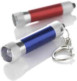 A blue and red aluminium 2-in-1 key holder featuring a mini flashlight and a keyring attachment.