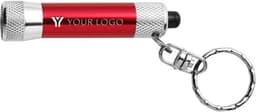 A red aluminium 2-in-1 key holder featuring a silver keychain and a logo.