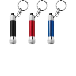 A set of three aluminium 2-in-1 key holders in black, red, and blue with silver accents and keychain attachments.