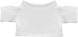 A white cotton toy T-shirt with short sleeves and a round neckline, featuring a logo.
