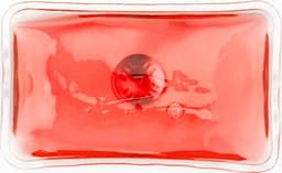 A red PVC self-heating pad with a transparent casing, featuring a bubble encapsulated in the gel centre.