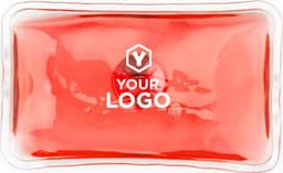 A rectangular PVC self-heating pad in a vibrant red colour, featuring a logo on its surface.