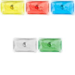A set of PVC self-heating pads in yellow, red, blue, green, and clear, featuring a centre activation button.