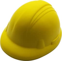 A yellow PU foam hard hat with a smooth surface and ridged detailing, featuring a logo on one side.