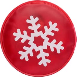 A circular red hot pad with a white snowflake design and a logo.