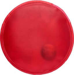 A round, red, Christmas-themed reusable hot pad with a smooth surface and a small logo in the corner.