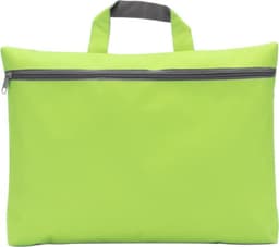 A bright green polyester conference bag with a grey handle and a zippered pocket. It features a logo on the front.