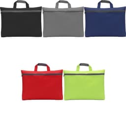 A collection of polyester conference bags in black, grey, navy, red, and green, featuring a zip closure and handles.