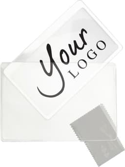 A PVC magnifying glass with a clear frame and a logo at the top, accompanied by a cleaning cloth.