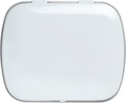 A white tin case with a silver clasp, designed for holding mints.