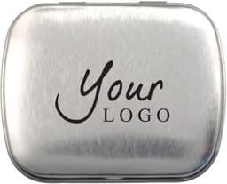 A silver tin case containing mints, featuring a logo on the surface.