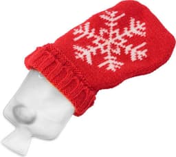 A red hot pad shaped like a warm water bag, featuring a white snowflake design, with a knitted cover.