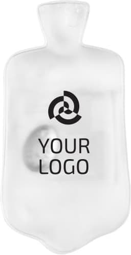 A clear, re-usable hot pad shaped like a warm water bag, featuring a logo.