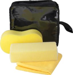 A black zippered bag contains a yellow sponge, a yellow microfibre cloth, and a yellow mesh sponge.