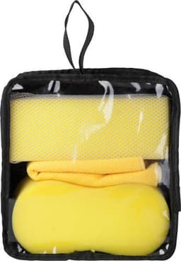 A black storage bag containing yellow cleaning sponges and a drying cloth, with a transparent front panel.
