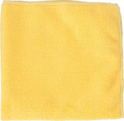 A yellow microfiber towel with a textured surface, designed for cleaning and drying. It features a branded logo.