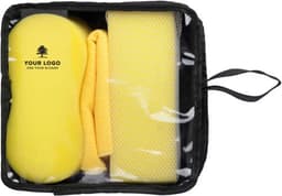 A black pouch containing a yellow sponge, yellow cloth, and a mesh drying cloth. The pouch has a logo.