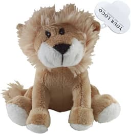 A plush lion toy with a tan body, cream paws, and a fluffy mane, featuring a logo tag.