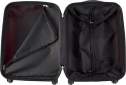 An empty black wheeled trolley bag with compartments and space for clothing or items. It has a zippered closure.