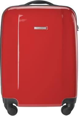 A red PC and ABS trolley with a glossy finish and four wheels for easy mobility. Includes a logo on the front.