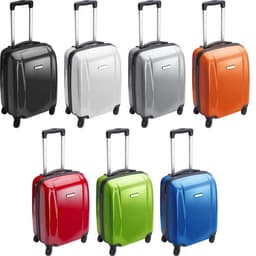A set of wheeled bags in various colours: grey, white, silver, orange, red, and green, with extendable handles.