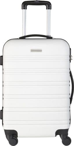 A white wheeled trolley bag with four spinner wheels and a black handle, featuring a logo.