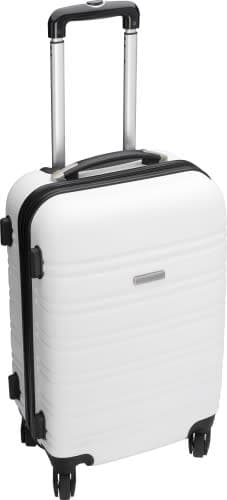 A white wheeled trolley with four spinner wheels and a retractable handle, featuring a sleek design and a logo.