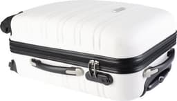 A white wheeled trolley bag with four spinner wheels and a dual-zip design. It features a sturdy handle and logo.