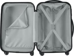 A spacious grey wheeled trolley bag with four spinner wheels, featuring interior straps and a zippered pocket.