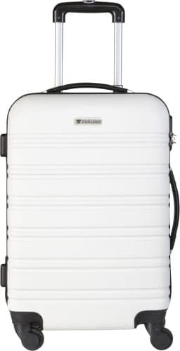 A white wheeled trolley bag with four spinner wheels and a retractable handle, featuring a logo.