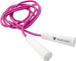 A pink nylon skipping rope with white handles featuring a logo. Ideal for leisure and outdoor activities.