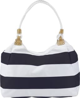 A striped polyester beach bag in white and navy, featuring a rope handle and decorative gold accents.