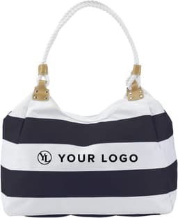 A striped black and white polyester beach bag with gold hardware and a rope handle. Features a logo on the front.