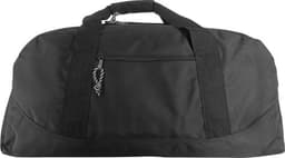 A black polyester duffle bag with sturdy handles and a zippered pocket on the front, featuring branding.