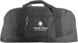 A black polyester duffle bag with a zipper and a logo on the front. Features sturdy handles for carrying.