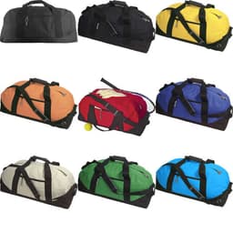 A range of polyester duffle bags in black, yellow, orange, blue, green, and grey, each featuring a logo.