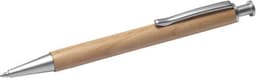 A wooden ballpen with a silver clip and tip, featuring a natural wood finish.