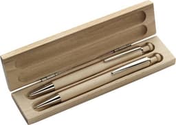 A wooden writing set in a light wooden box, featuring two natural wooden pens with metal accents.