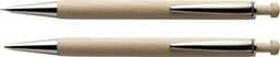 A wooden writing set featuring two pens with beige barrels and glossy silver accents, including a logo.
