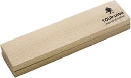 A wooden writing set featuring a light wood case with a logo, designed for holding writing instruments.