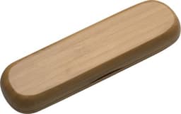 A bamboo writing set with a smooth, elongated case in a natural light brown shade, featuring a branded design.