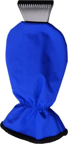 An ABS ice scraper with a blue polyester glove, featuring a textured scraping edge and elasticised cuff.