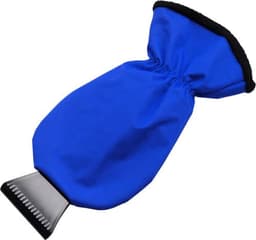 An ABS ice scraper with a blue polyester glove, featuring a black trim and a built-in grip.