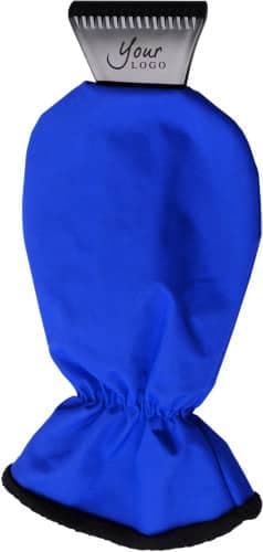 A blue ABS ice scraper with a polyester glove attachment and branding.
