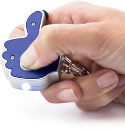 A thumb-shaped key holder in blue, featuring a small light and a keyring attachment, held in a person's hand.