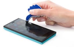 A blue 2-in-1 key holder is being used to tap on a smartphone screen. The key holder has a thumb-shaped design.