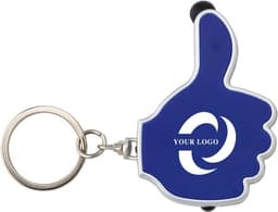 A blue 2-in-1 key holder shaped like a thumbs-up, attached to a metal keyring; features a logo.