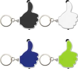 A collection of four thumbs-up key holders in black, white, blue, and green, featuring metal key rings and a logo.