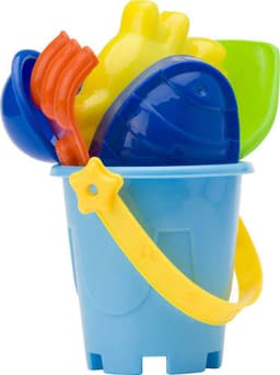A blue beach bucket with a yellow handle, filled with colourful sand toys including a shovel and moulds.