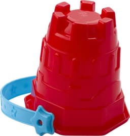 A red beach bucket shaped like a castle, with a light blue handle attached. It has a logo on one side.